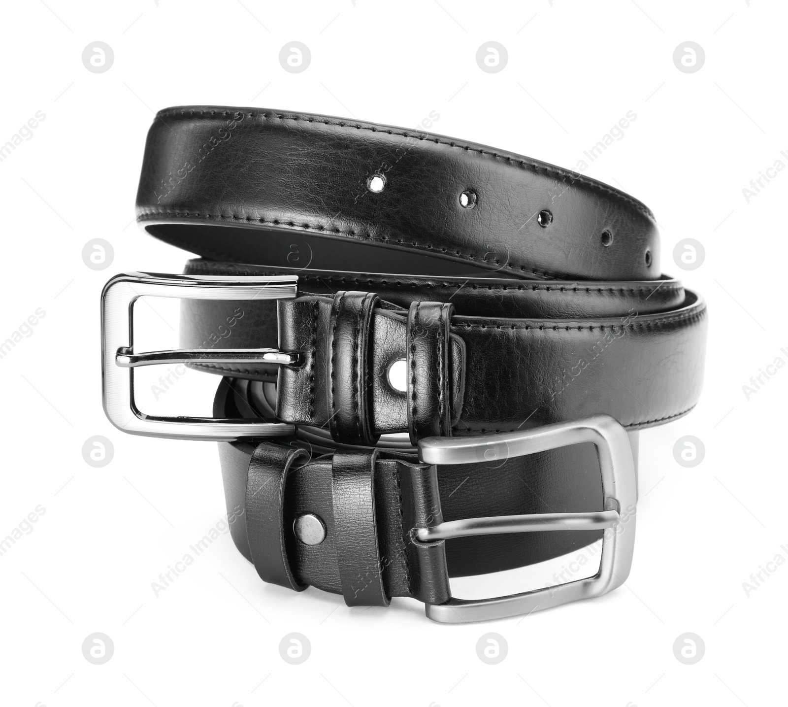 Two black leather belts isolated on white Photo of Two black leather belts isolated on white