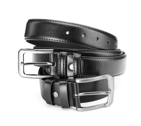 Photo of Two black leather belts isolated on white