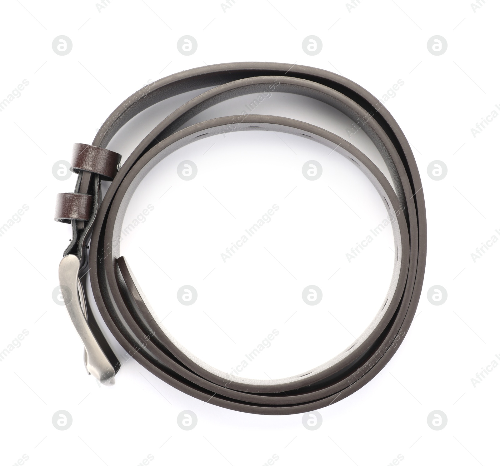 One brown leather belt isolated on white, top view Photo of One brown leather belt isolated on white, top view