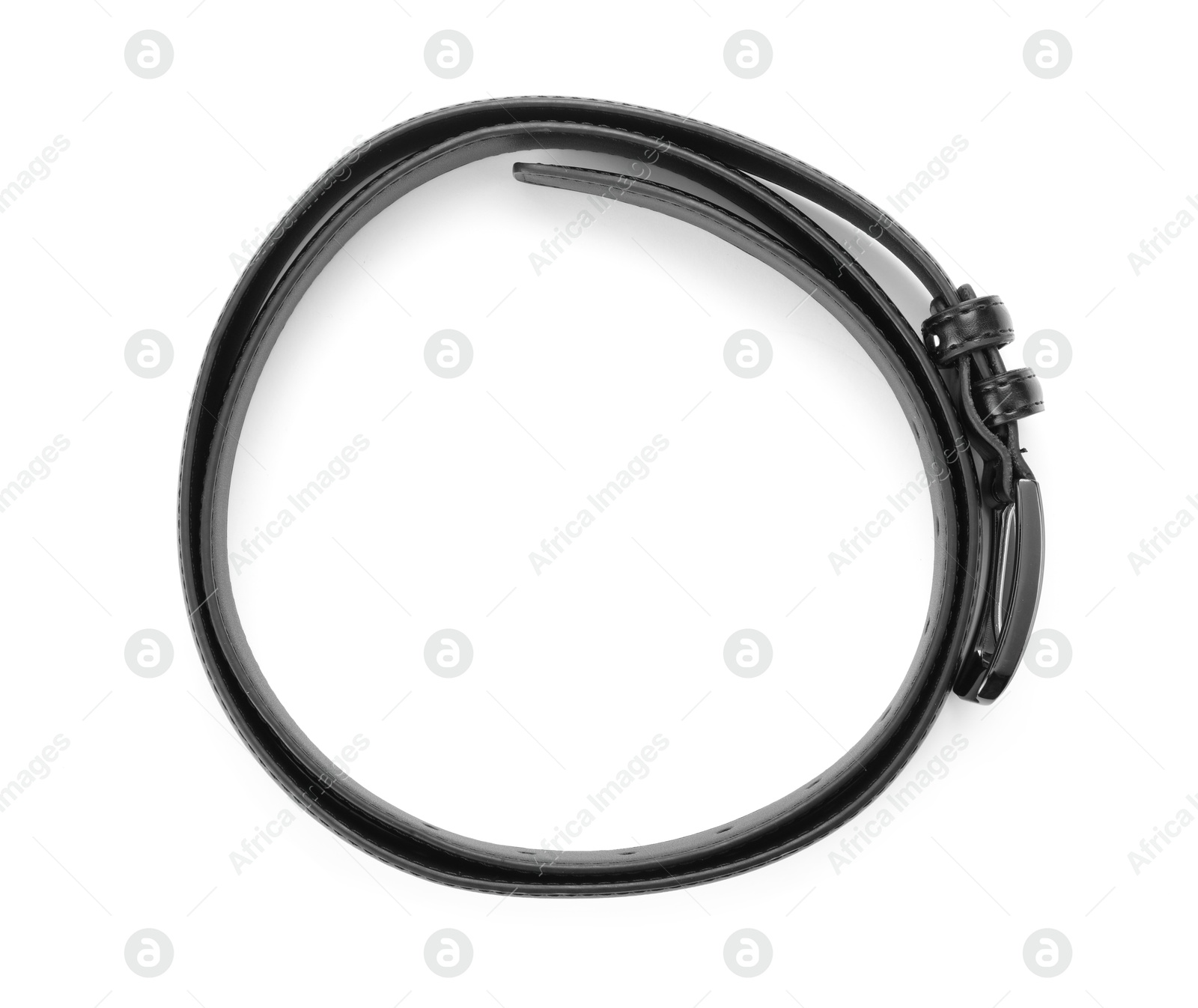 One black leather belt isolated on white, top view Photo of One black leather belt isolated on white, top view
