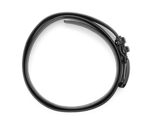 Photo of One black leather belt isolated on white, top view