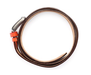 Photo of One orange leather belt isolated on white, top view