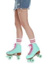 Photo of Woman in roller skates on white background, closeup