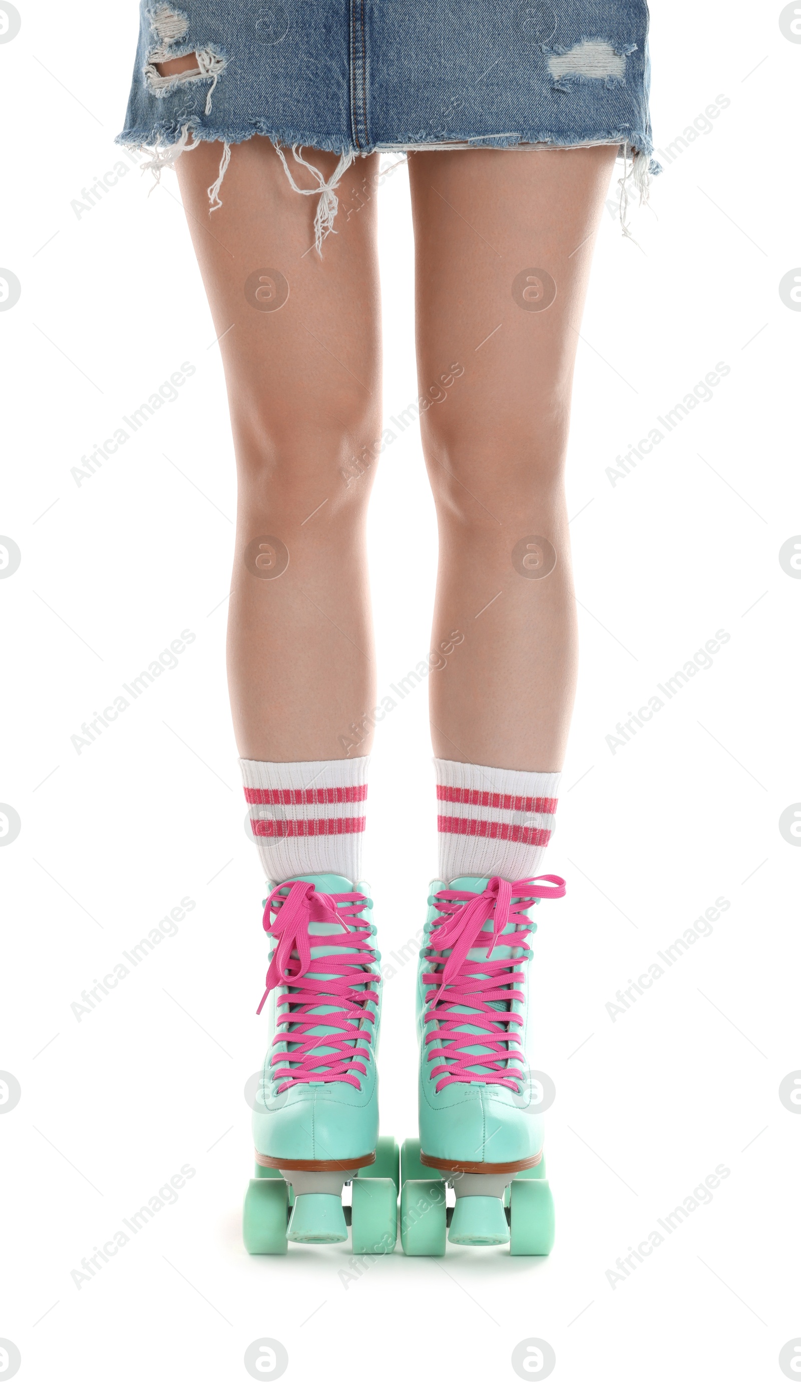 Photo of Woman in roller skates on white background, closeup