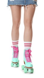 Photo of Woman in roller skates on white background, closeup