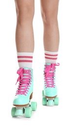 Photo of Woman in roller skates on white background, closeup