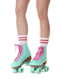 Photo of Woman in roller skates on white background, closeup