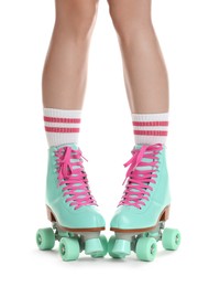 Photo of Woman in roller skates on white background, closeup