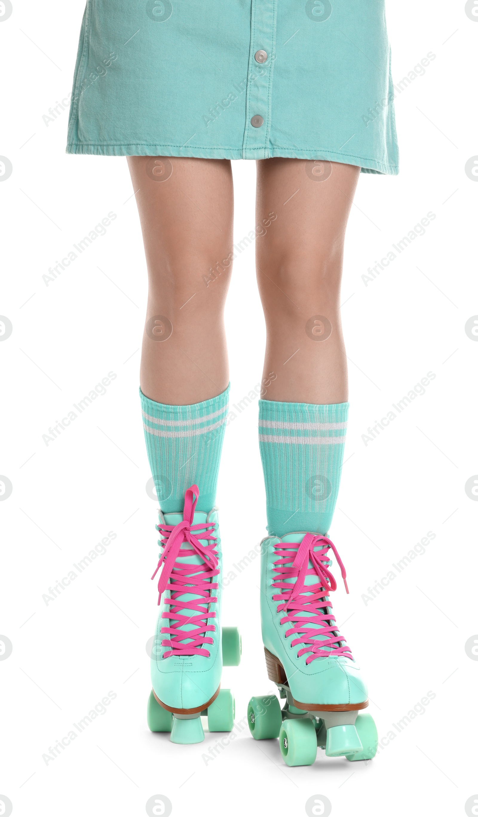 Woman in roller skates on white background, closeup Photo of Woman in roller skates on white background, closeup