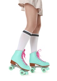 Photo of Woman in roller skates on white background, closeup