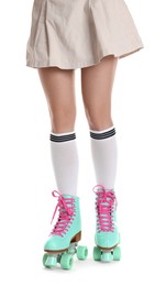 Photo of Woman in roller skates on white background, closeup