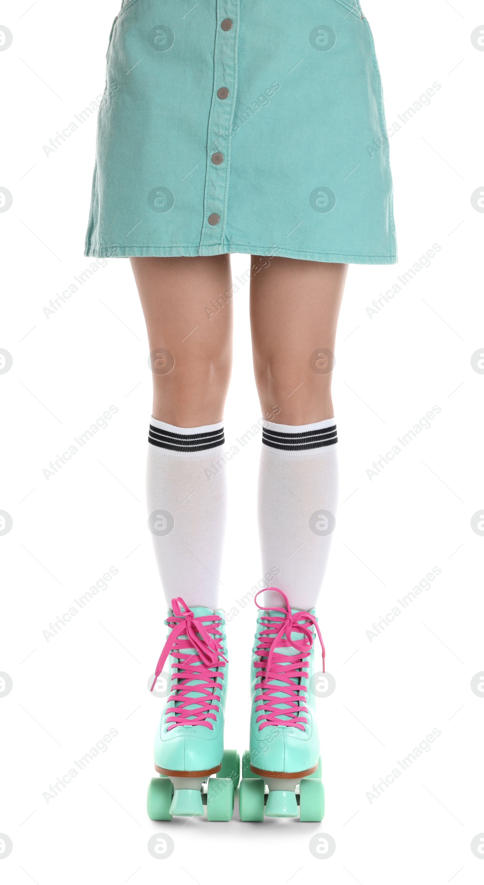 Woman in roller skates on white background, closeup Photo of Woman in roller skates on white background, closeup