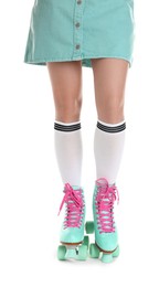 Photo of Woman in roller skates on white background, closeup