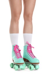 Photo of Woman in roller skates on white background, closeup