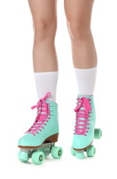 Photo of Woman in roller skates on white background, closeup
