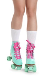 Photo of Woman in roller skates on white background, closeup