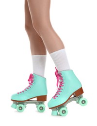 Photo of Woman in roller skates on white background, closeup