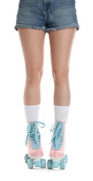 Photo of Woman in roller skates on white background, closeup