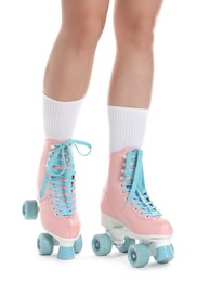 Photo of Woman in roller skates on white background, closeup