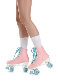 Photo of Woman in roller skates on white background, closeup