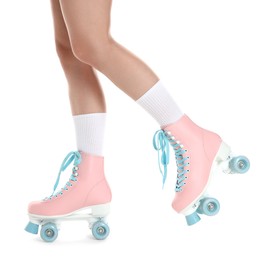 Photo of Woman in roller skates on white background, closeup