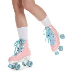 Photo of Woman in roller skates on white background, closeup