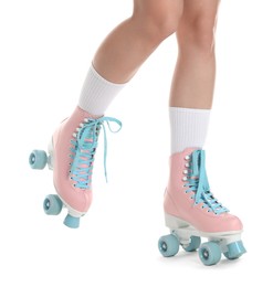 Photo of Woman in roller skates on white background, closeup