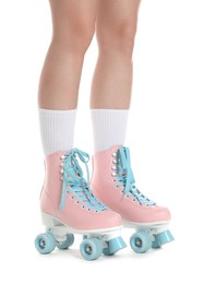 Photo of Woman in roller skates on white background, closeup