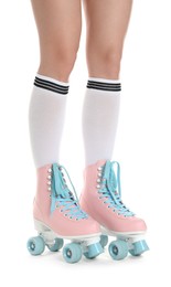 Photo of Woman in roller skates on white background, closeup