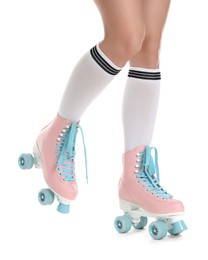 Photo of Woman in roller skates on white background, closeup