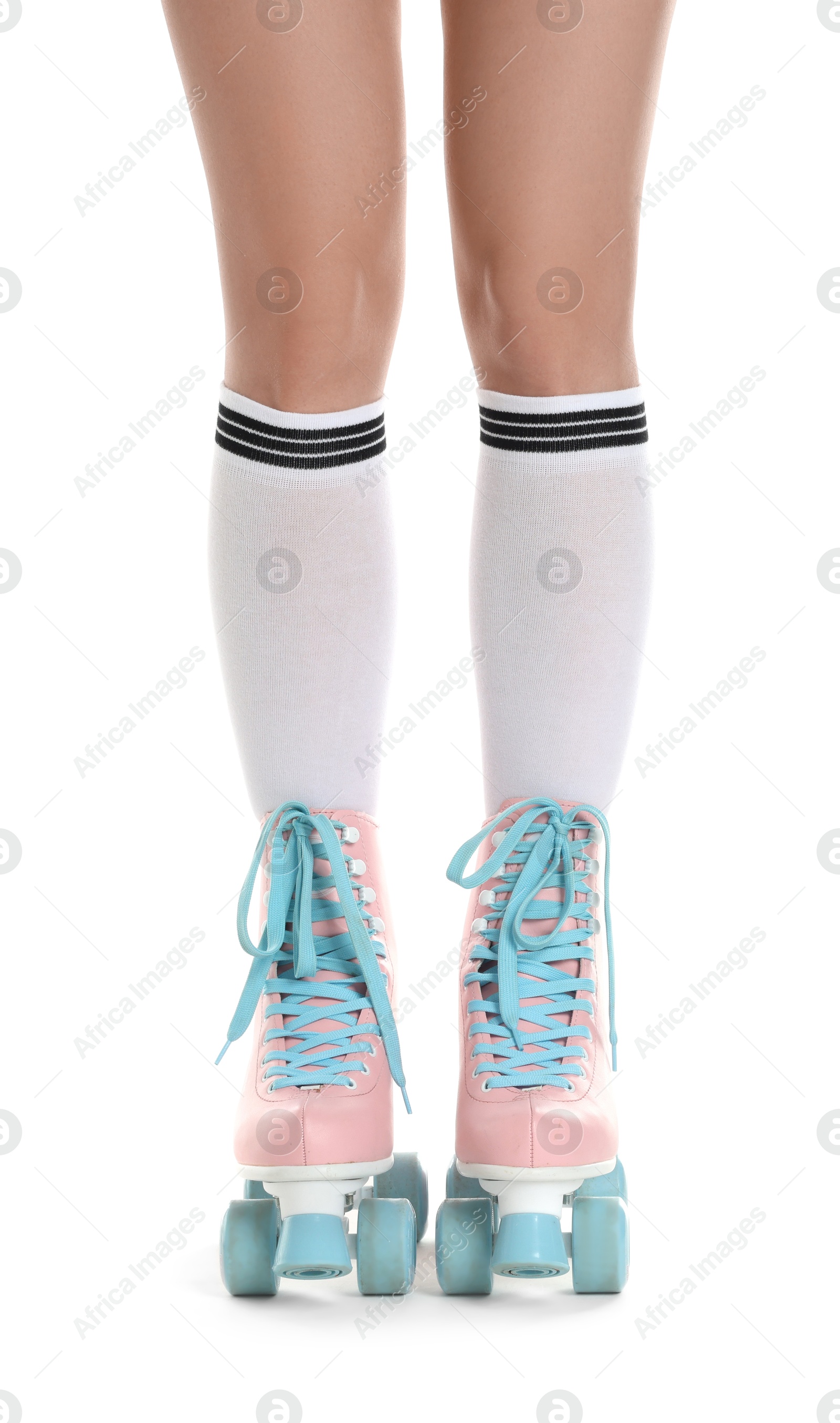 Woman in roller skates on white background, closeup Photo of Woman in roller skates on white background, closeup