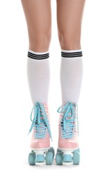 Photo of Woman in roller skates on white background, closeup