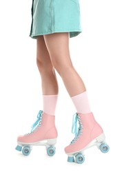 Photo of Woman in roller skates on white background, closeup
