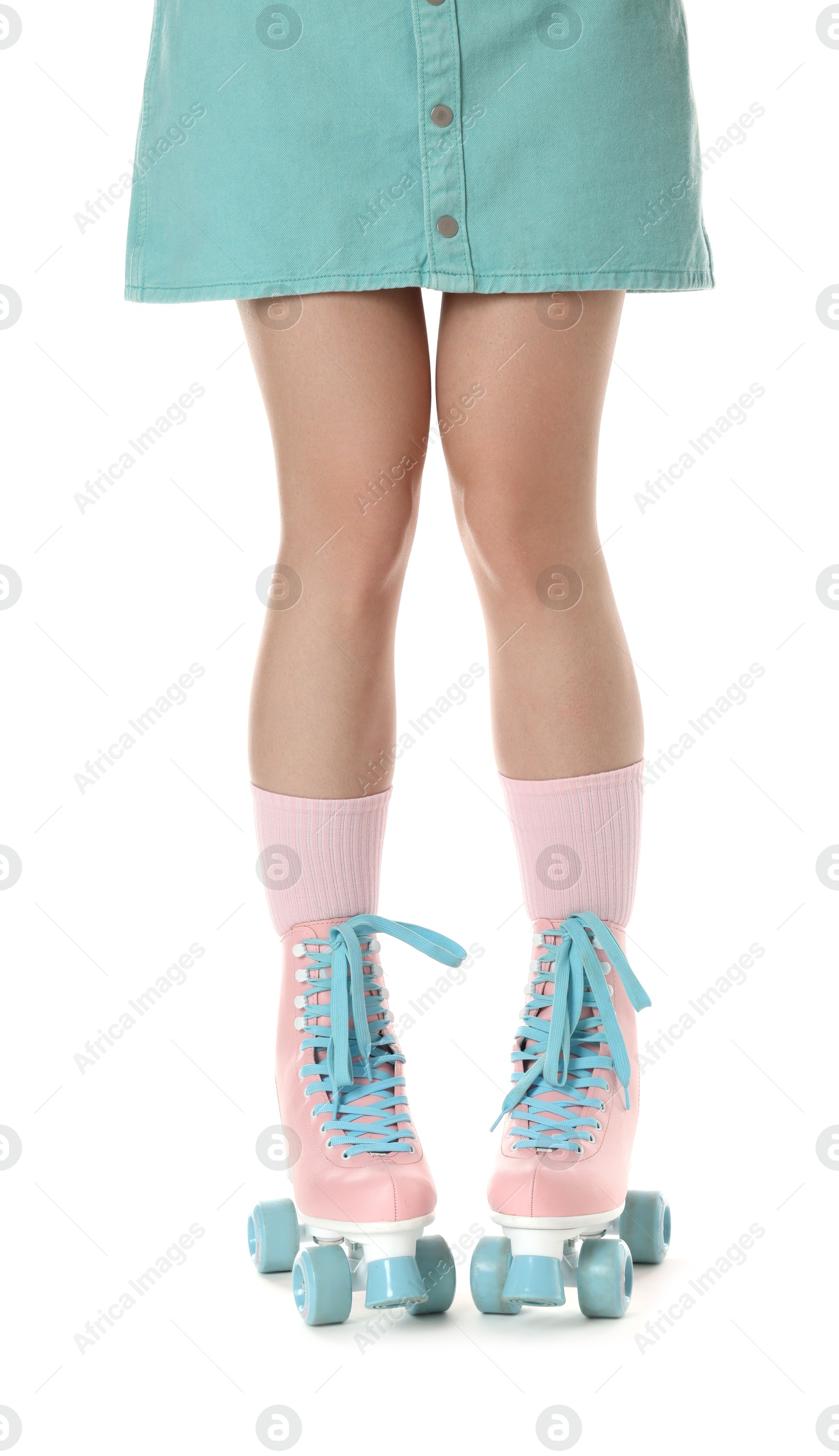 Woman in roller skates on white background, closeup Photo of Woman in roller skates on white background, closeup