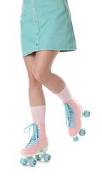 Photo of Woman in roller skates on white background, closeup