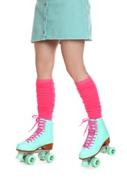 Photo of Woman in roller skates on white background, closeup
