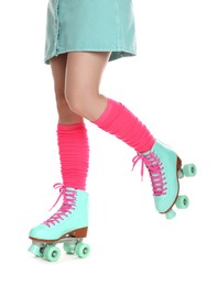 Photo of Woman in roller skates on white background, closeup