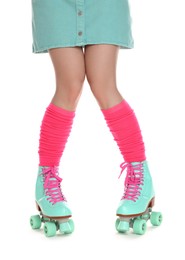 Photo of Woman in roller skates on white background, closeup