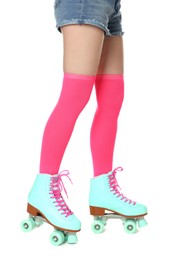 Photo of Woman in roller skates on white background, closeup