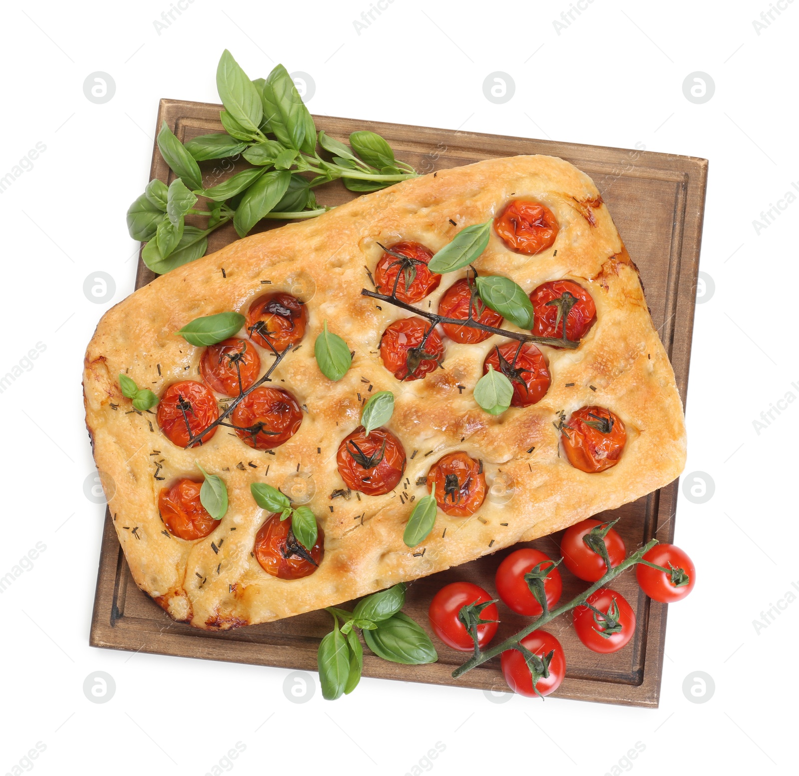 Delicious focaccia with tomatoes and spices isolated on white, top view Photo of Delicious focaccia with tomatoes and spices isolated on white, top view