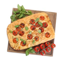 Photo of Delicious focaccia with tomatoes and spices isolated on white, top view