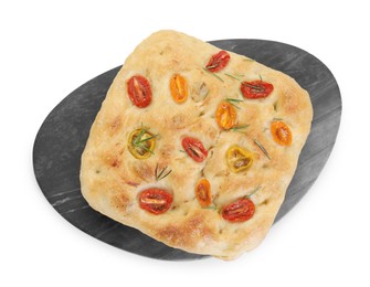 Photo of Delicious focaccia with tomatoes and rosemary isolated on white, top view
