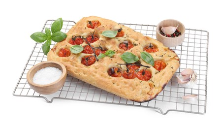 Photo of Delicious focaccia with tomatoes and spices isolated on white