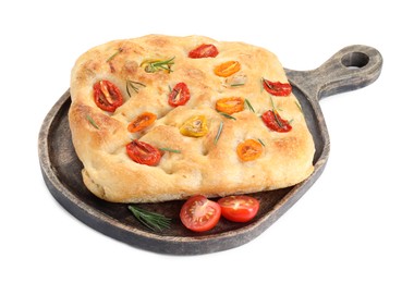 Photo of Delicious focaccia with tomatoes and rosemary isolated on white