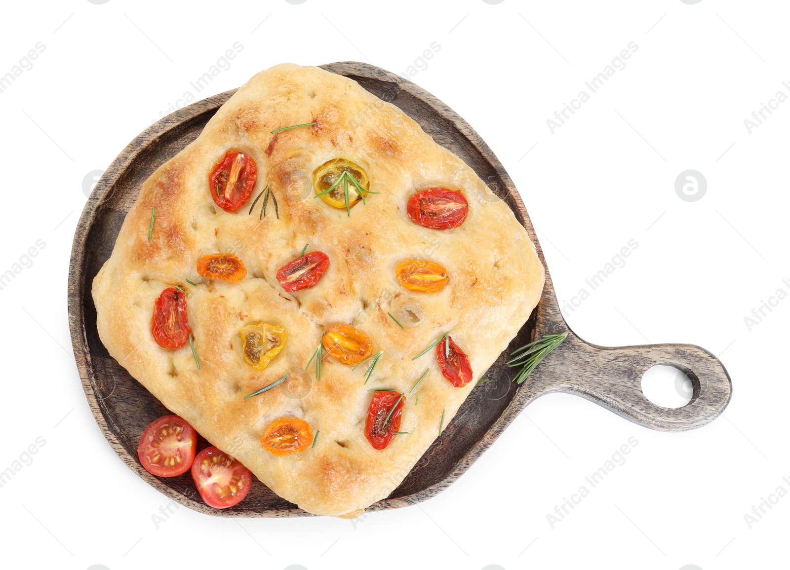 Delicious focaccia with tomatoes and rosemary isolated on white Photo of Delicious focaccia with tomatoes and rosemary isolated on white