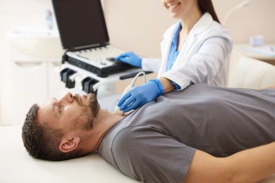 Photo of Sonographer conducting ultrasound examination of man's thyroid gland in clinic