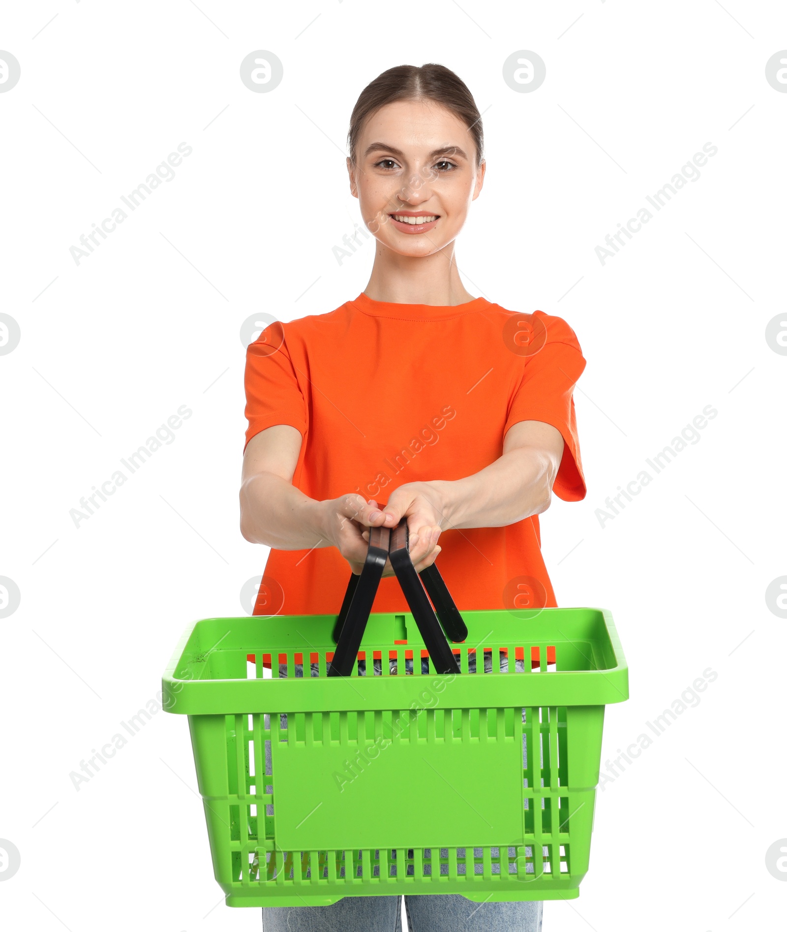 Woman with plastic shopping basket on white background Photo of Woman with plastic shopping basket on white background