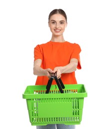Photo of Woman with plastic shopping basket on white background