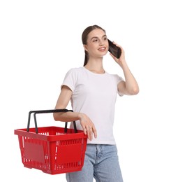 Photo of Woman with plastic shopping basket talking on phone against white background