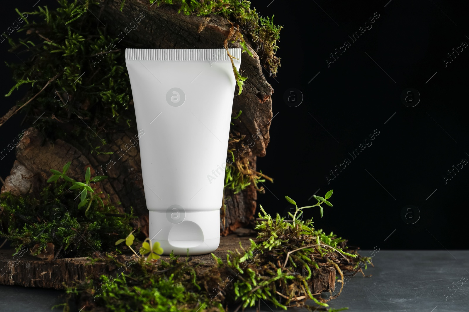 Tube of moisturizing body cream, tree bark and plants on grey table, closeup. Space for text Photo of Tube of moisturizing body cream, tree bark and plants on grey table, closeup. Space for text